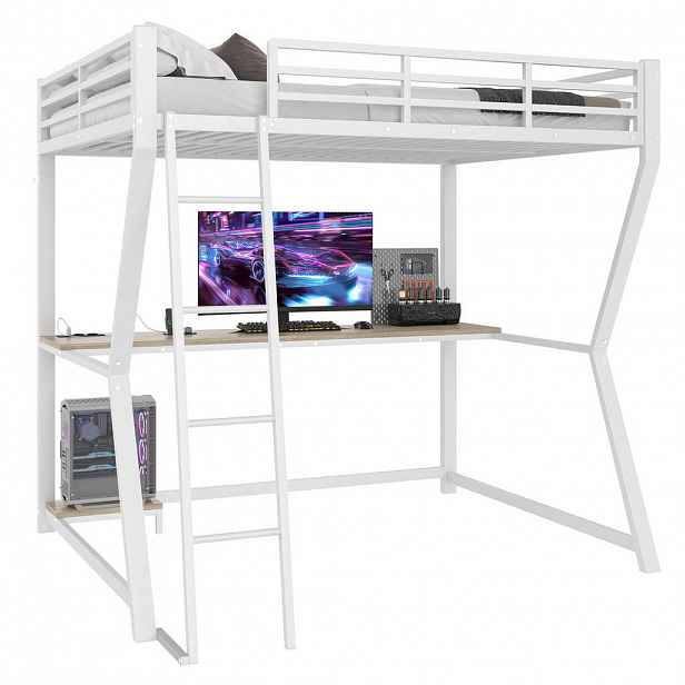 STILVORA PATROVÁ POSTEL 140/200 cm, bílá, s LED, psacím stolem a USB