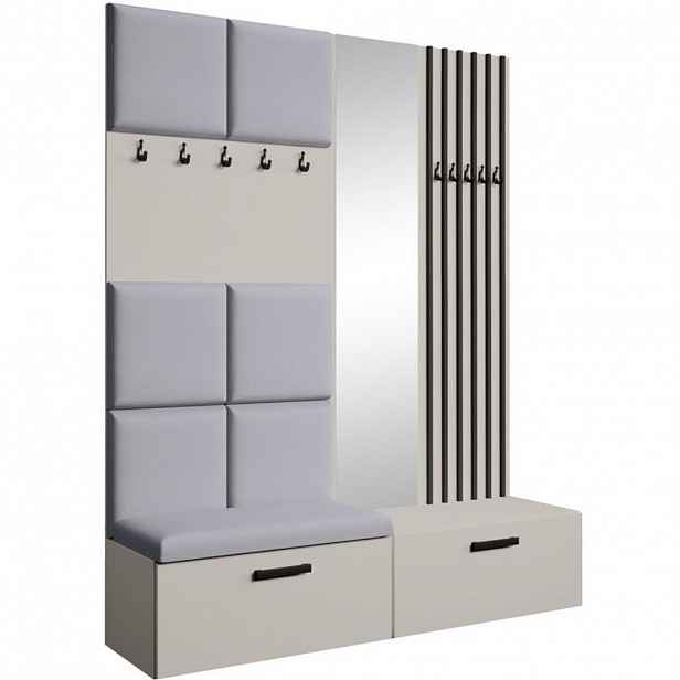 Beautysofa PŘEDSÍŇOVÁ sestava Margaret I+II 162/203/43 s čalouněnými panely / lamelami / zrcadlem, kašmírová|černá