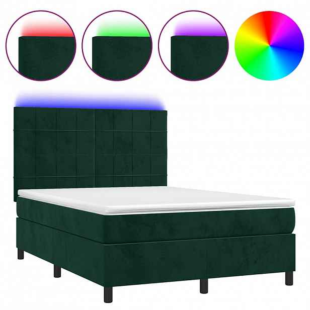 vidaXL Box spring postel s matrací a LED tmavě zelená 140x190 cm samet