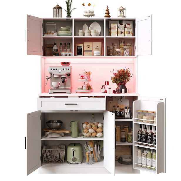 Modenvie BUFFET skříňka z MDF, 110/38/180 cm bílá, s LED osvětlením a zásuvkami