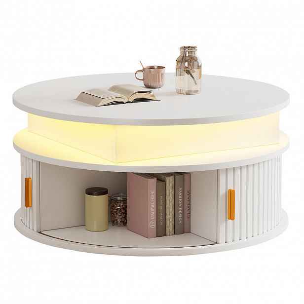 Modfu KONFERENČNÍ stolek z MDF 75x75x52 cm bílý výškově nastavitelný s LED osvětlením a úložným prostorem