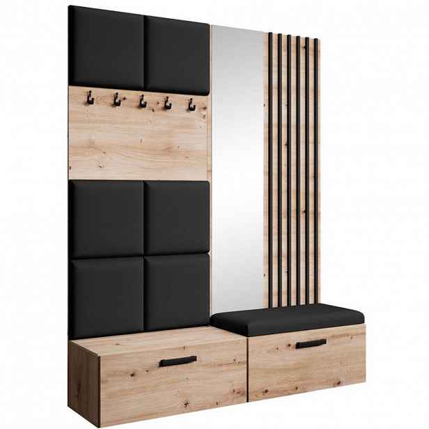 Beautysofa PŘEDSÍŇOVÁ sestava Margaret I+II 162/203/43 s čalouněnými panely / lamelami / zrcadlem, dub artisan|černá