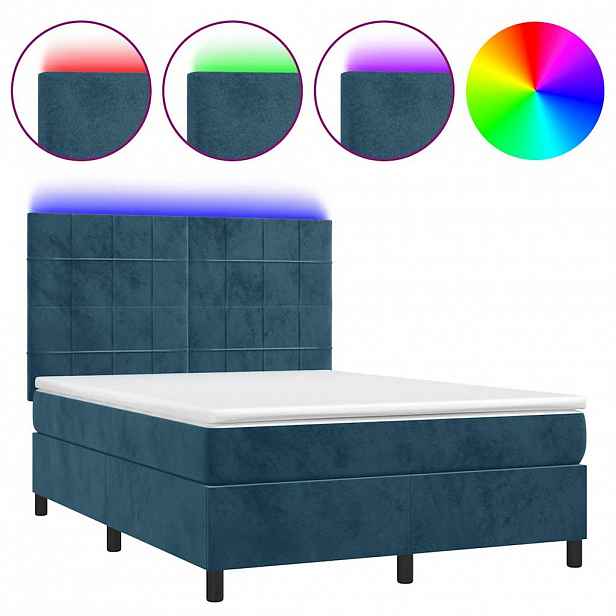 vidaXL Box spring postel s matrací a LED tmavě modrá 140x190 cm samet