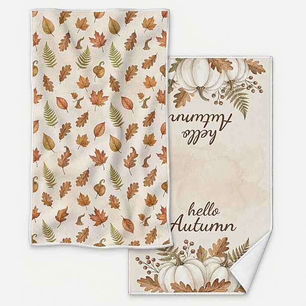TEMU Sada 2 ks vintage kuchyňských utěrek ve stylu s země a podzimní krajiny "Hello Autumn" s bílými dýněmi a v béžové barvě, vysoce savé utěrky na