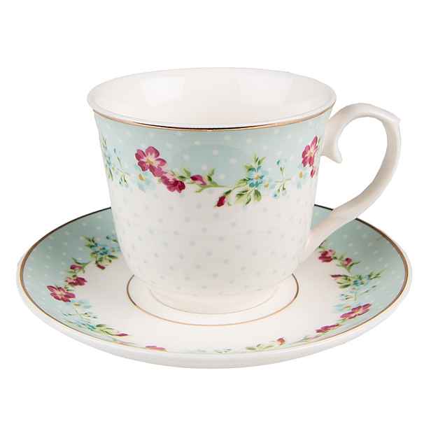 Zelený porcelánový šálek s podšálkem s květy - Ø 15*8 / 250 ml Clayre & Eef