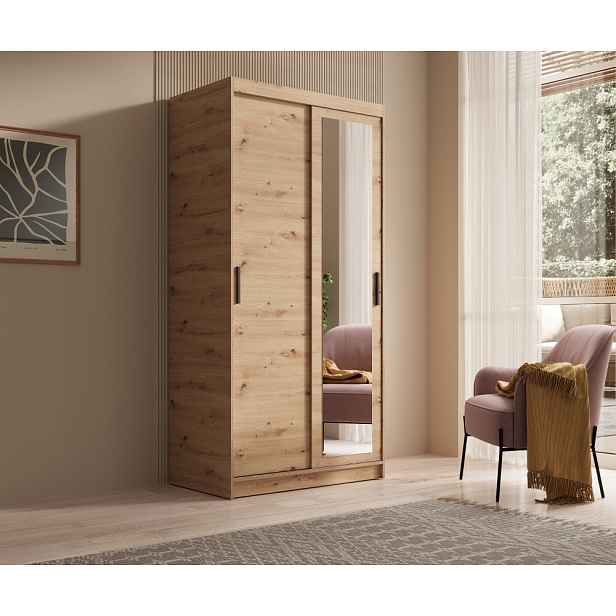 Skříň se zrcadlem a posuvnými dveřmi 100 cm DERLIA - dub artisan