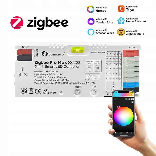 Led ovladač 5v1 Rgbcct Gledopto Zigbee Pro Max 15A Tuya eWeLink