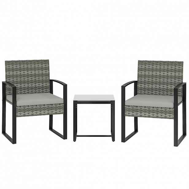 Modfu RATANOVÝ bistro set z oceli 55x58x76 cm světle šedý se 2 křesly, stolkem a snímatelnými polštáři