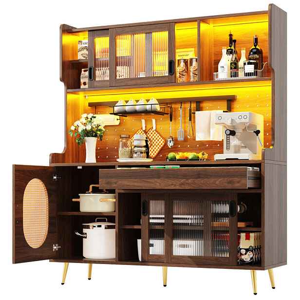Modenvie BUFFET z MDF, 145/39/171 cm hnědý, s LED osvětlením a perforovanou deskou