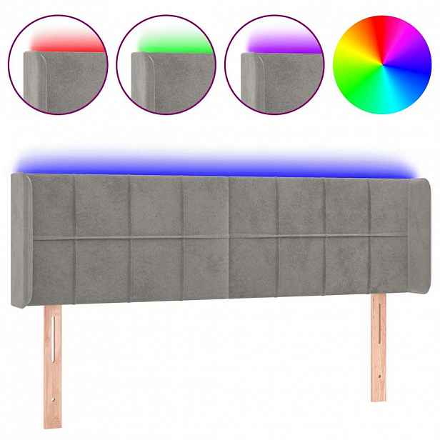 vidaXL Čelo postele s LED světle šedé 147 x 16 x 78/88 cm samet