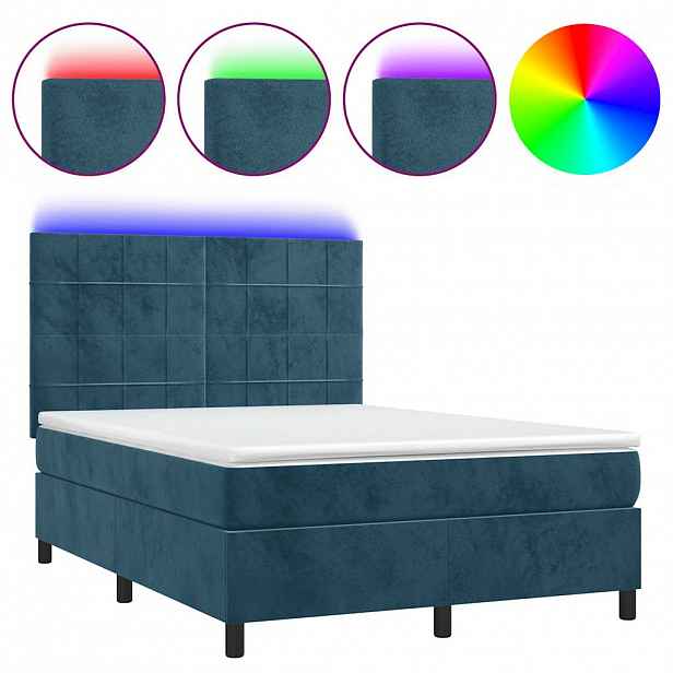 vidaXL Box spring postel s matrací a LED tmavě modrá 140x200 cm samet