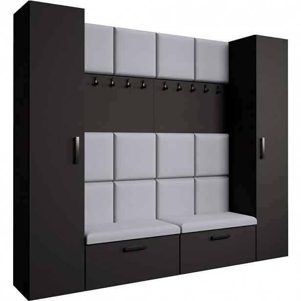 Beautysofa PŘEDSÍŇOVÁ sestava Margaret XL 242/203/43 s čalouněnými panely a botníkem, černá