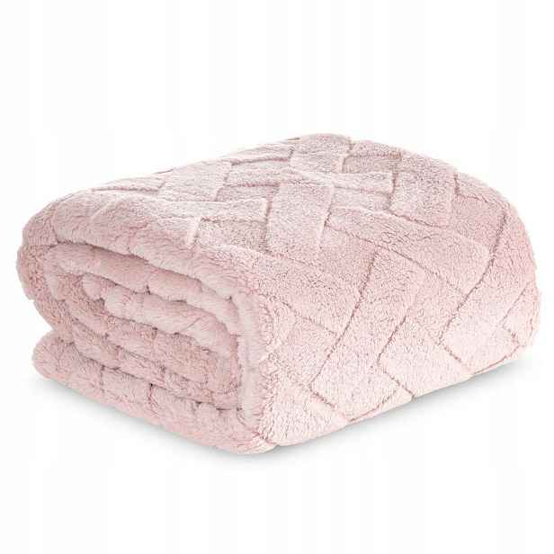 Koc růžový 200x220 struktura teplý měkký barevný potah na postel gauč