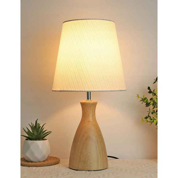 Noční Lampa Stolní dřevěná E27 Abažur Zlatá nit 34 cm