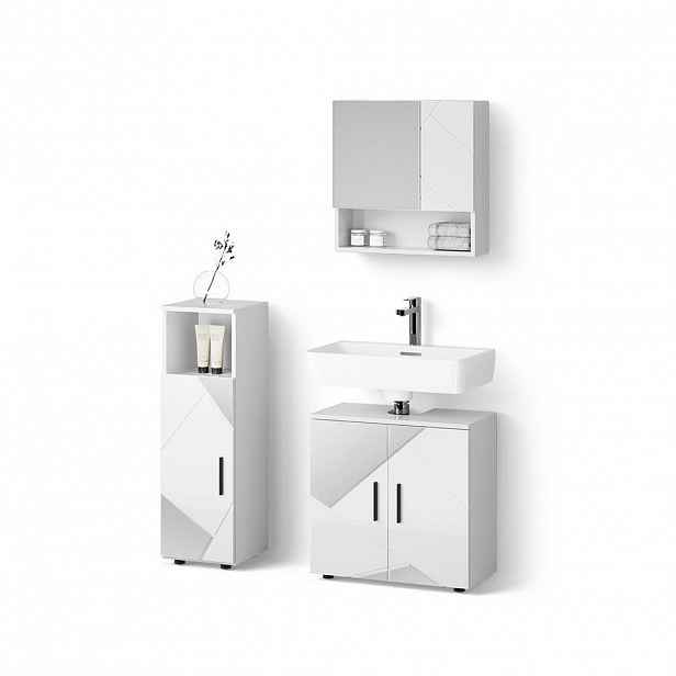 Livinity® SADA NÁBYTKU DO KOUPELNY Ronco, Bílý vysoký lesk s vložkami, 3dílná