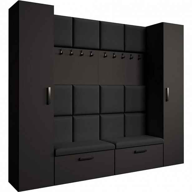 Beautysofa PŘEDSÍŇOVÁ sestava Margaret XL 242/203/43 s čalouněnými panely a botníkem, černá