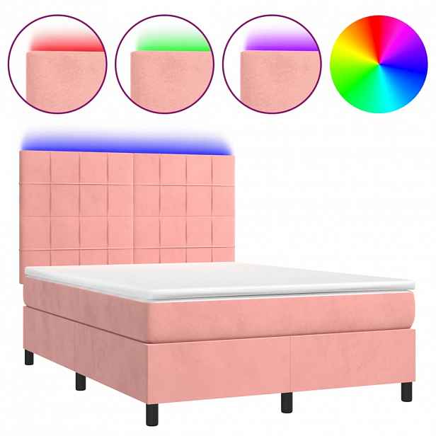 vidaXL Box spring postel s matrací a LED růžová 140x200 cm samet