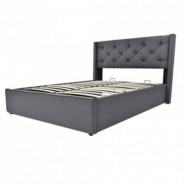 OKWISH ČALOUNĚNÁ postel 140/200 cm šedá z bavlny s úložným prostorem a výklopným roštem