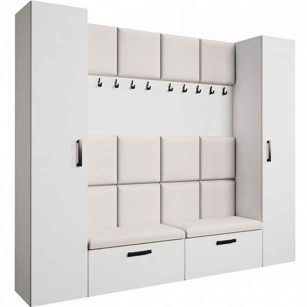Beautysofa PŘEDSÍŇOVÁ sestava Margaret XL 242/203/43 s čalouněnými panely a botníkem, bílá