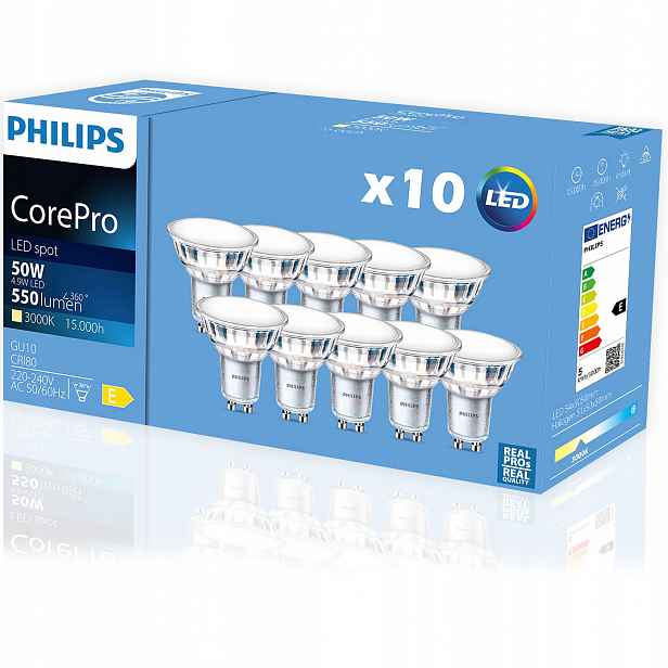 10x Led žárovka GU10 4,9W 50W 3000K teplá bílá 120° 550lm Philips