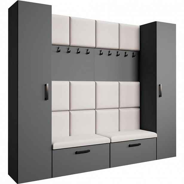 Beautysofa PŘEDSÍŇOVÁ sestava Margaret XL 242/203/43 s čalouněnými panely a botníkem, grafitová