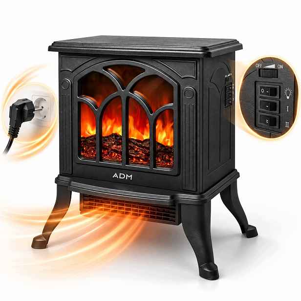 Elektrický krb Adm 1500 W Ohřívač Termoventilátor Plamen 3D Termostat
