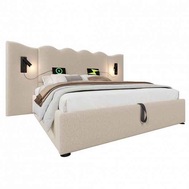 Modfu ČALOUNĚNÁ postel ze lnu 160x200 cm béžová s matrací, LED lampičkou, USB-C a hydraulickým úložným prostorem
