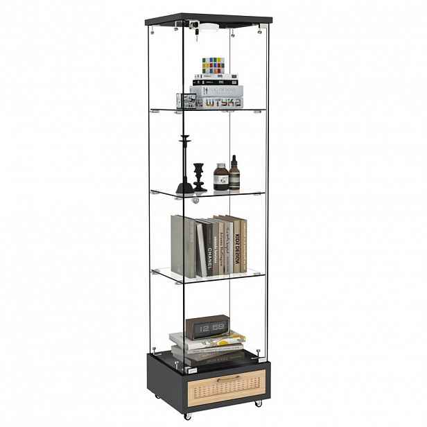 OKWISH VITRÍNA 36,5/42,5/167 cm černá z MDF a skla s LED osvětlením a kolečky