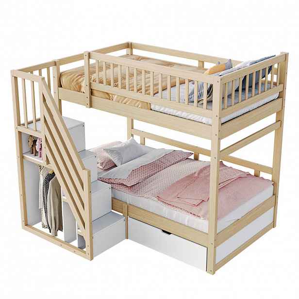 STILVORA PALANDA 90/200 cm & 90/200 cm, bílá & přírodní, se zásuvkami a schody s úložným prostorem