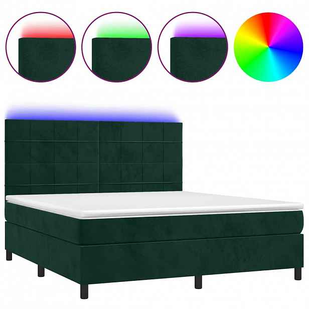 vidaXL Box spring postel s matrací a LED tmavě zelená 160x200 cm samet