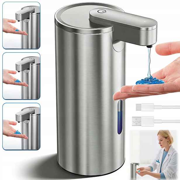 Automat Dávkovač Mýdla Gel Bezdotykový 3. Úroveň Usb 340ML Nerezová Ocel