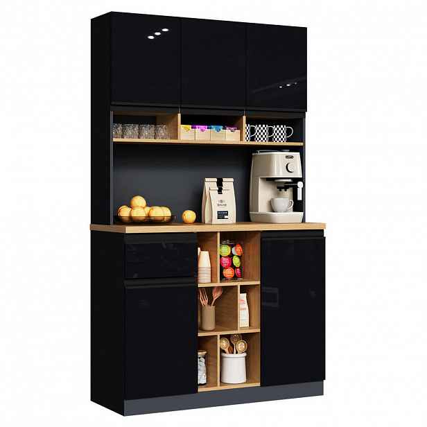 Modfu KUCHYŇSKÁ skříň z MDF 105x45x185 cm černá a přírodní s nastavitelnými policemi, zásuvkou a otevřeným úložným prostorem