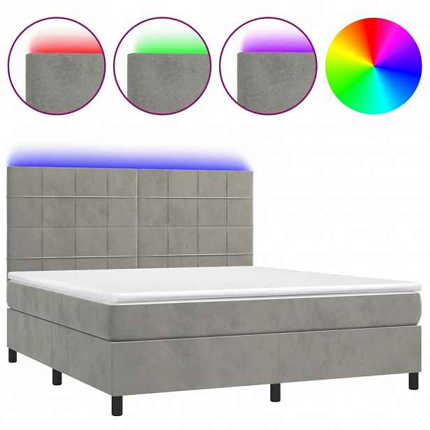 vidaXL Box spring postel s matrací a LED světle šedá 180x200 cm samet