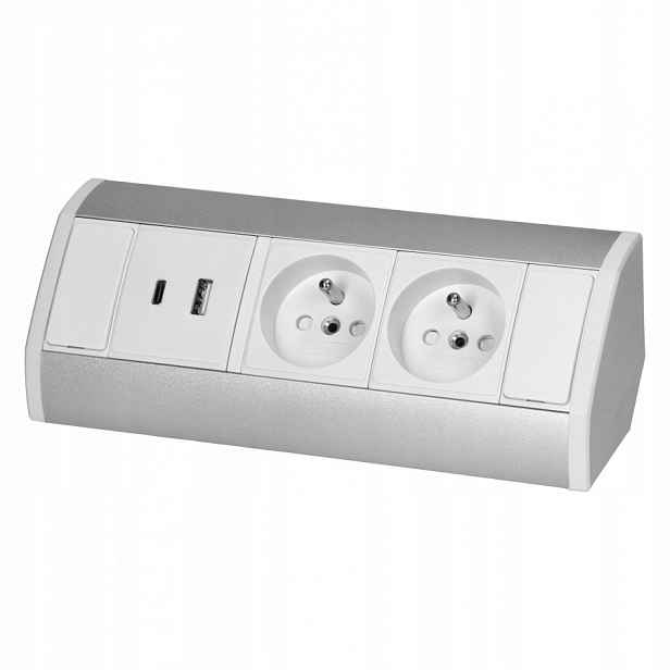 Nábytková Zásuvka 2X2P+Z+2XUSB Bílo-stříbrná