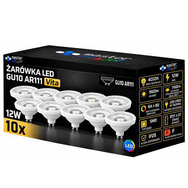 10x Led žárovka GU10 neutrální AR111 12W 4000K Cob 230V halogenová bílá