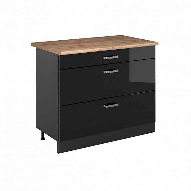 Vicco SPODNÍ SKŘÍŇKA KUCHYŇSKÉ LINKY R-Line, Černý vysoký lesk/Antracit, 100 cm pracovná doska Dub Goldkraft