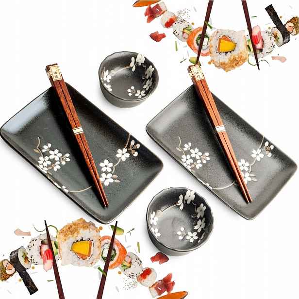 Sada keramiky na sushi Anemone Black Černá s květinami pro 2 osoby Edo Japan
