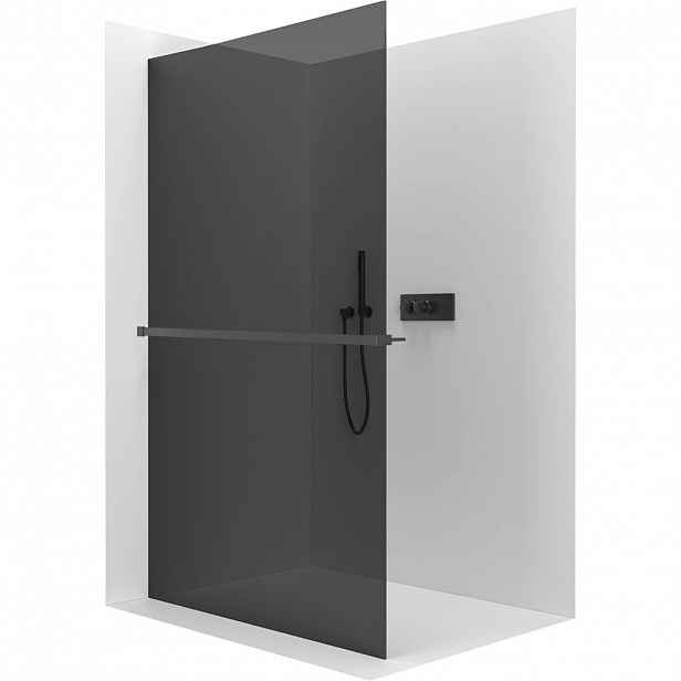 Sprchová zástěna Walk-in Crystal L/P - 10 mm + polička/držák na ručníky - bezvzpěrový systém - černá matná, grafitové sklo - 160x200 cm