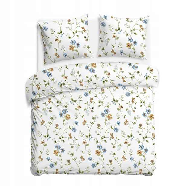 Povlečení 160x200 bílé s pastelovými květy na zelených větvičkách CottonLove