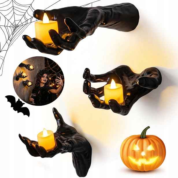 Nástěnný Svícen Halloween Dlaně 3KS Černý S Led Svíčkou Do Pokoje