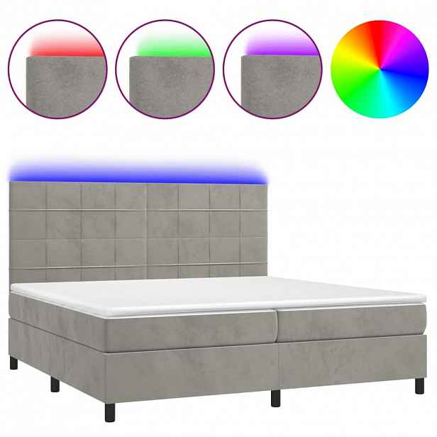 vidaXL Box spring postel s matrací a LED světle šedá 200x200 cm samet