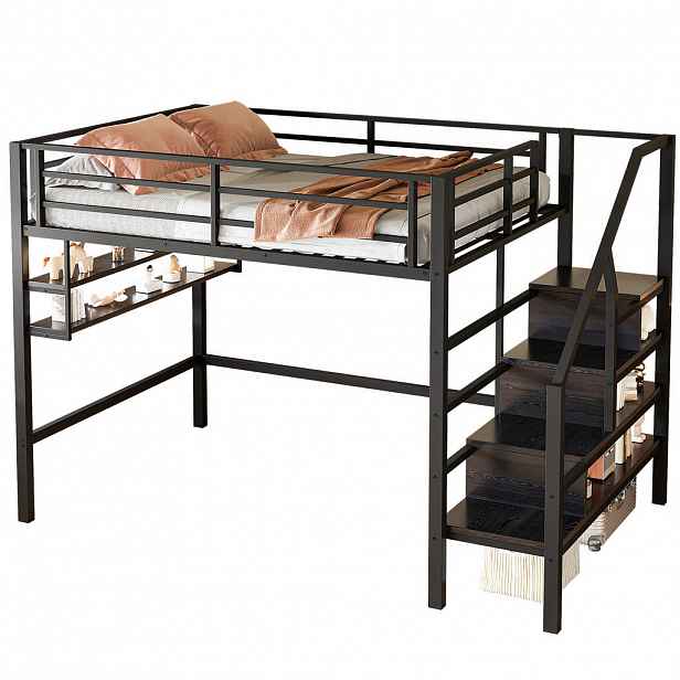 STILVORA PATROVÁ POSTEL 140/200 cm, černá, kovová, s policemi a úložným žebříkem, moderní design