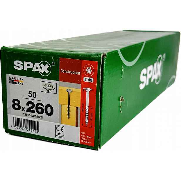Šrouby pro dřevěné konstrukce 8x260 mm Spax Wirox Talířová hlava 50 Ks