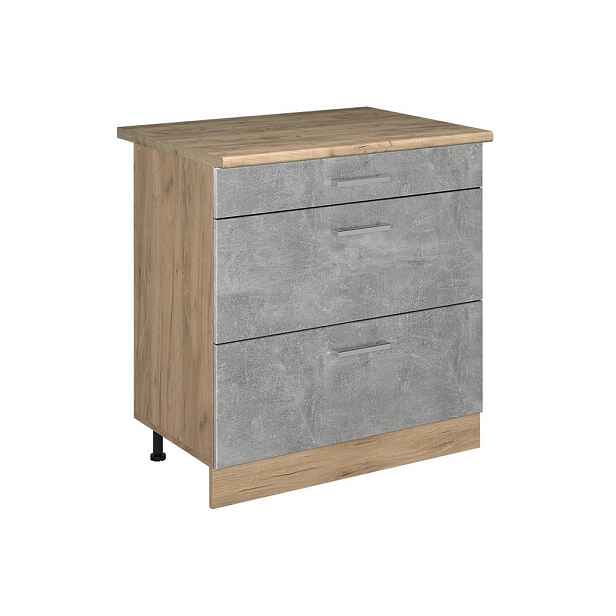 Vicco SPODNÍ SKŘÍŇKA KUCHYŇSKÉ LINKY R-Line, Beton/Zlatý mocný dub, 80 cm se 3 zásuvkami pracovná doska Dub Goldkraft