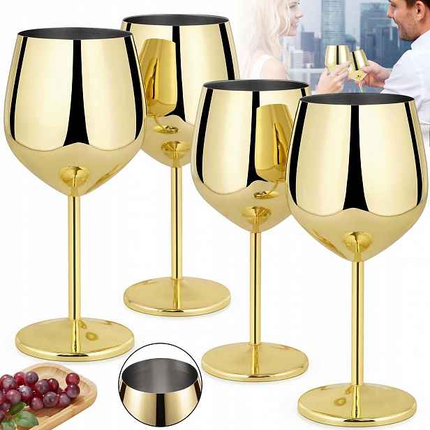4X Zlaté Skleničky Na Víno Z Nerezové Oceli 500 ML Odolné Proti Rozbití