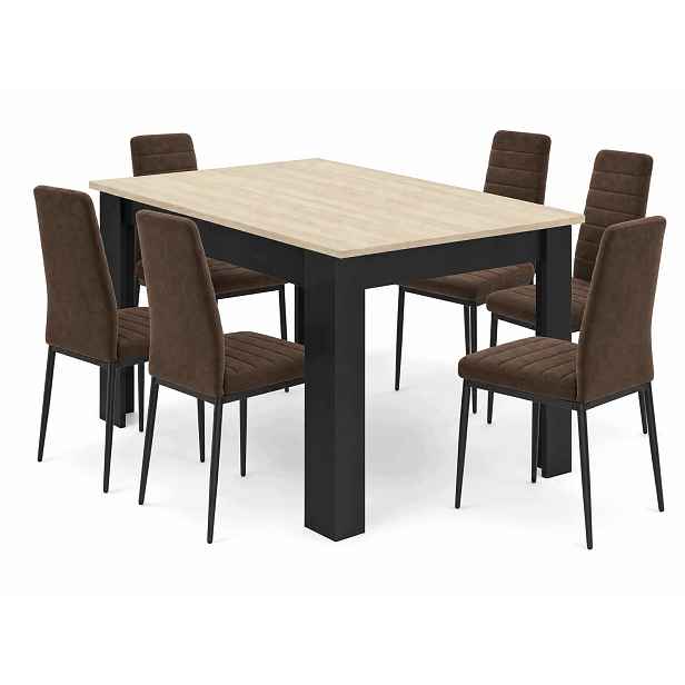Jídelní stůl 120x80 cm, dekor dub sonoma s černými nohami 6 sametových židlí Axell v hnědé barvě