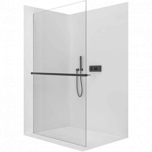 Sprchová zástěna Walk-in Crystal L/P - 10 mm + polička/držák na ručníky - bezvzpěrový systém - černá matná, transparentní sklo - 150x200 cm