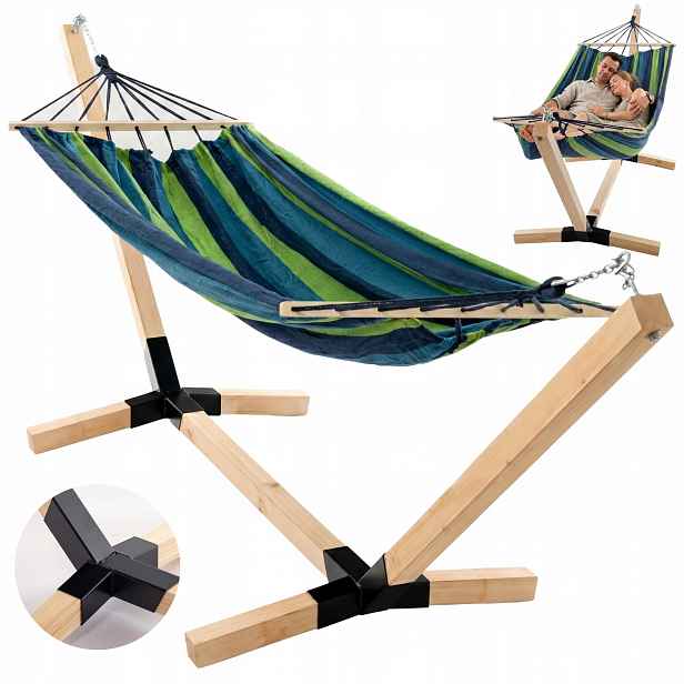 Zahradní houpací síť s rámem, dvoumístná, dřevěná, kovové nohy, bezbarvá