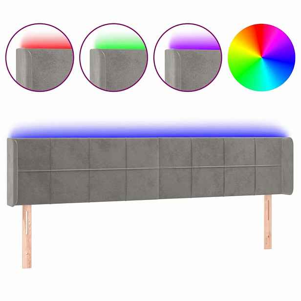 vidaXL Čelo postele s LED světle šedé 203 x 16 x 78/88 cm samet