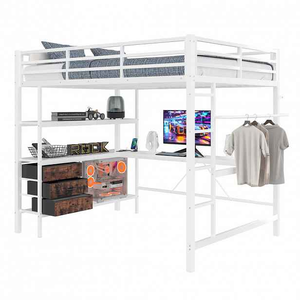 STILVORA PATROVÁ POSTEL 140/200 cm, bílá, s psacím stolem, 3 zásuvkami, LED a USB